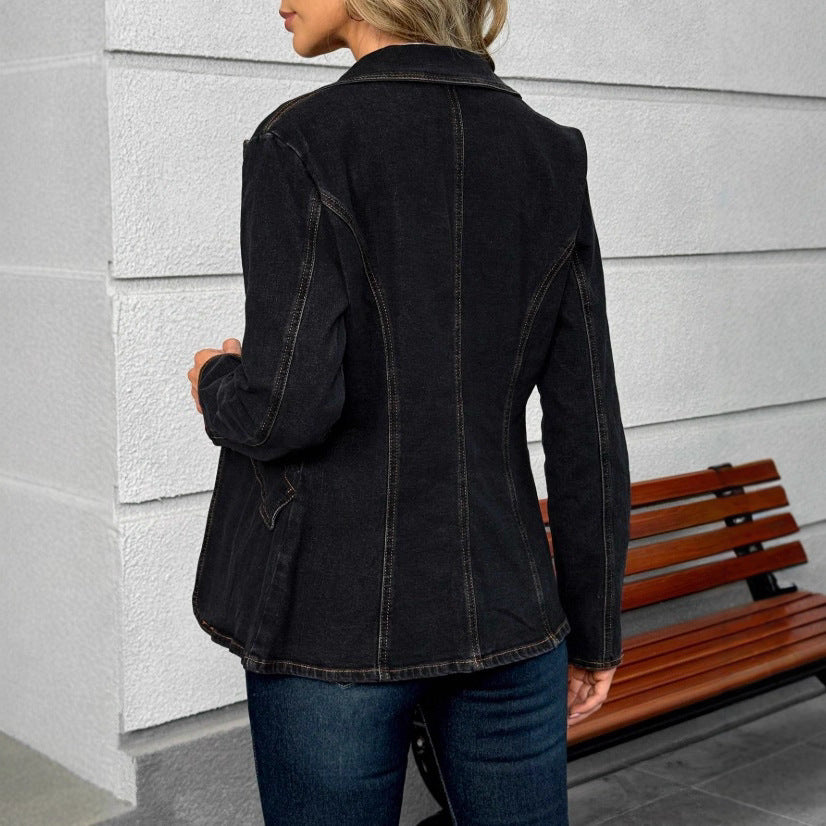 Women's tailored denim blazer jacket with lapel collar and contrasting stitching Mune Fashion