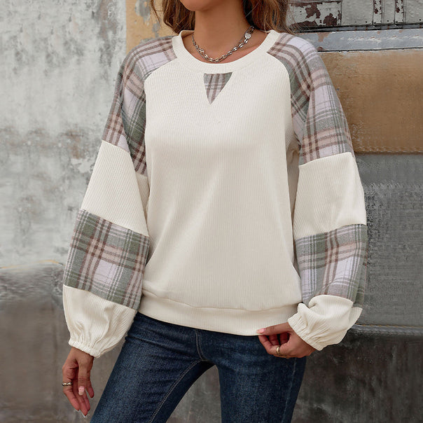 Women's Casual Raglan Sweatshirt with Checked Balloon Sleeves, Keyhole Neckline & Gathered Cuffs Mune Fashion