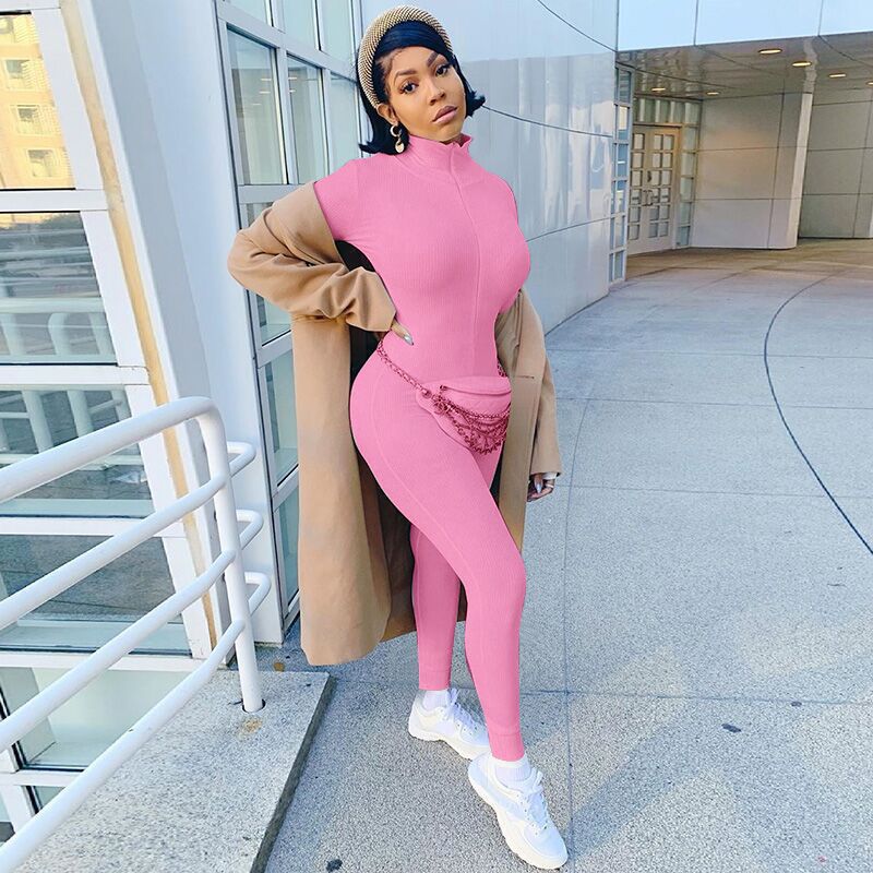 Women Figure-hugging Ribbed Knit Overall with Stand-up Collar and Front Zipper Mune Fashion
