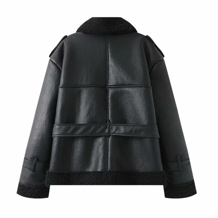 Women's short oversized faux leather coat with teddy collar, shawl collar, and wrap belt Mune Fashion