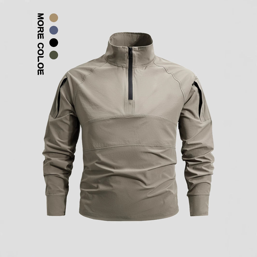 Men's lightweight tactical zip pullover with high collar, shoulder flaps, and concealed zip pockets.