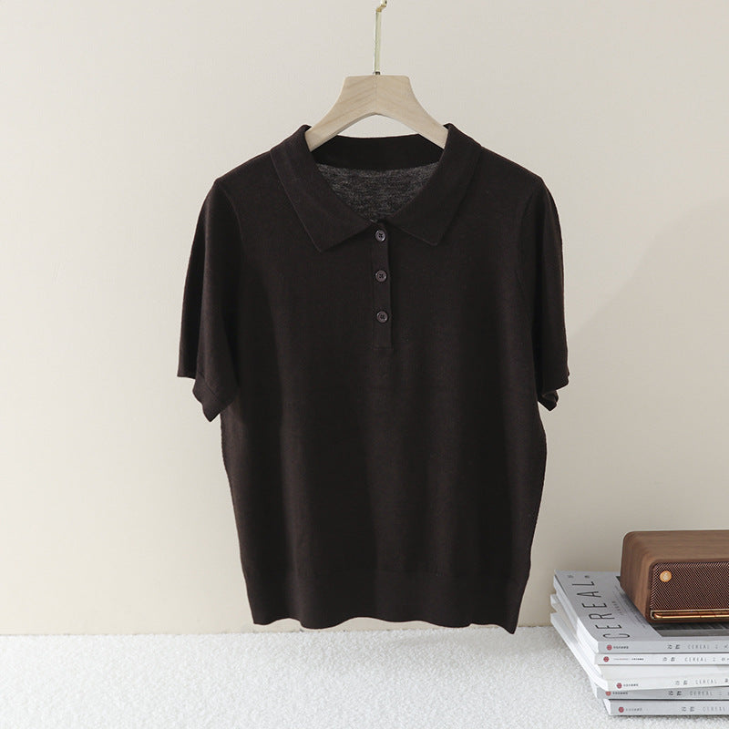 Women's Short Sleeve Fine Knit Polo Shirt with Button Placket Mune Fashion