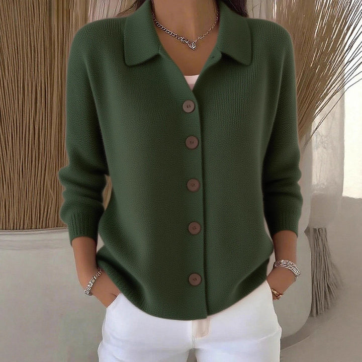 Women's fine knit cardigan with shirt collar and full button placket Mune Fashion
