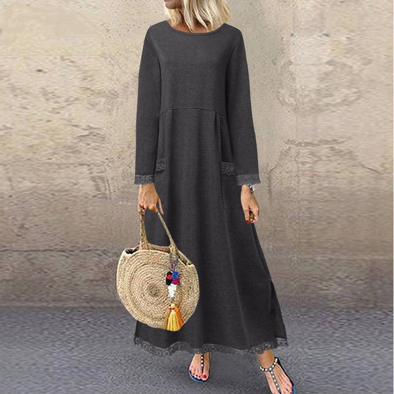 Ladies nan maxi dress with loose A-line cut, round neckline, patch pockets, and delicate lace trim Mune Fashion