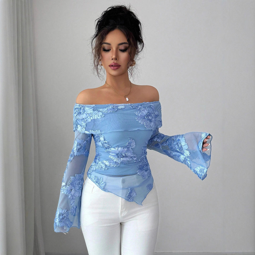 Ladies off-shoulder mesh top with three-dimensional lace appliqué, flared bell sleeves, and asymmetrical scalloped hem Mune Fashion