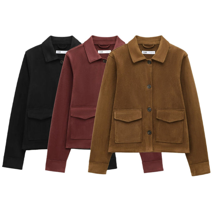 Ladies Short Suede Look Jacket with Flap Pockets Mune Fashion