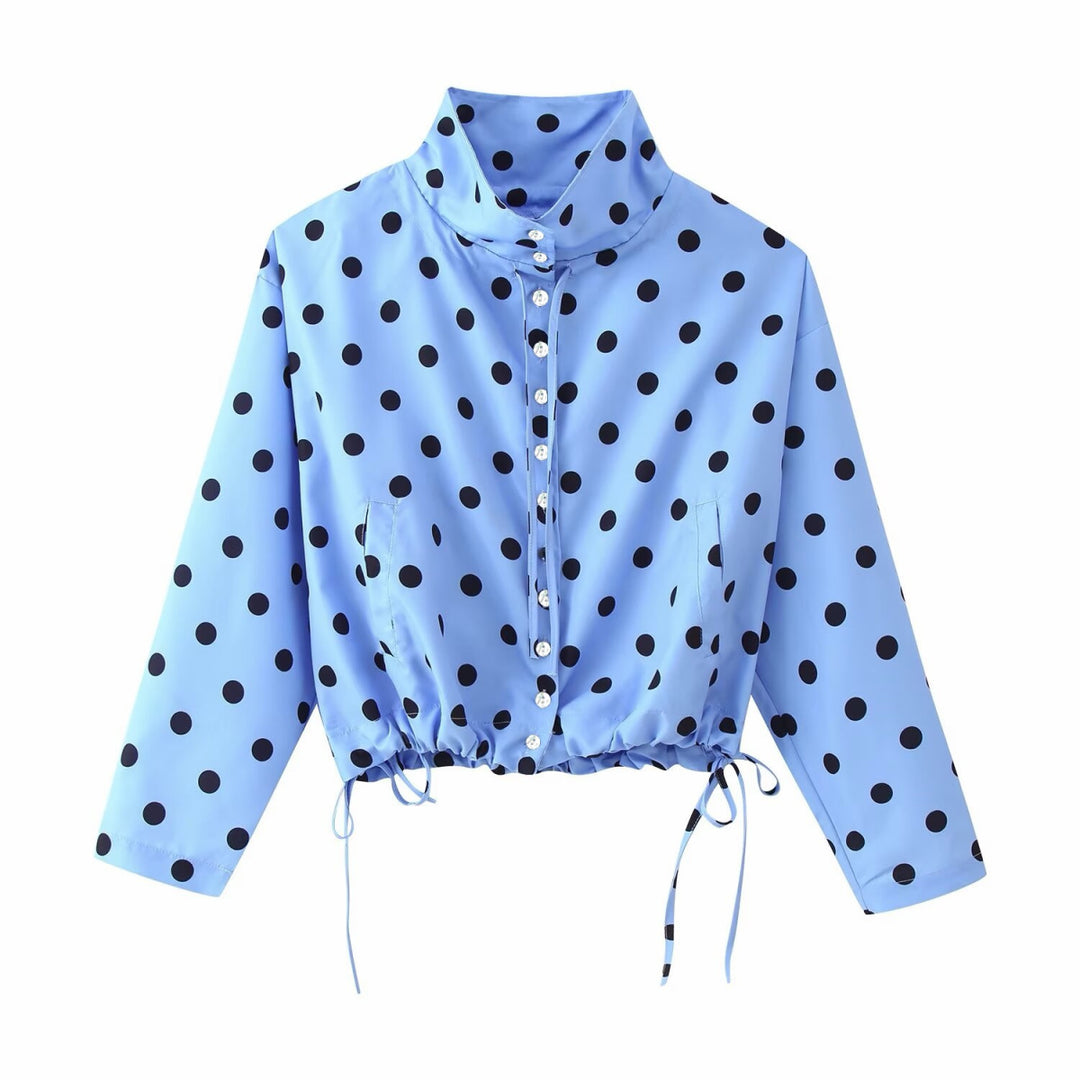Women's Polka Dot Cropped Blouse with Stand Collar and Drawstring Hem Mune Fashion