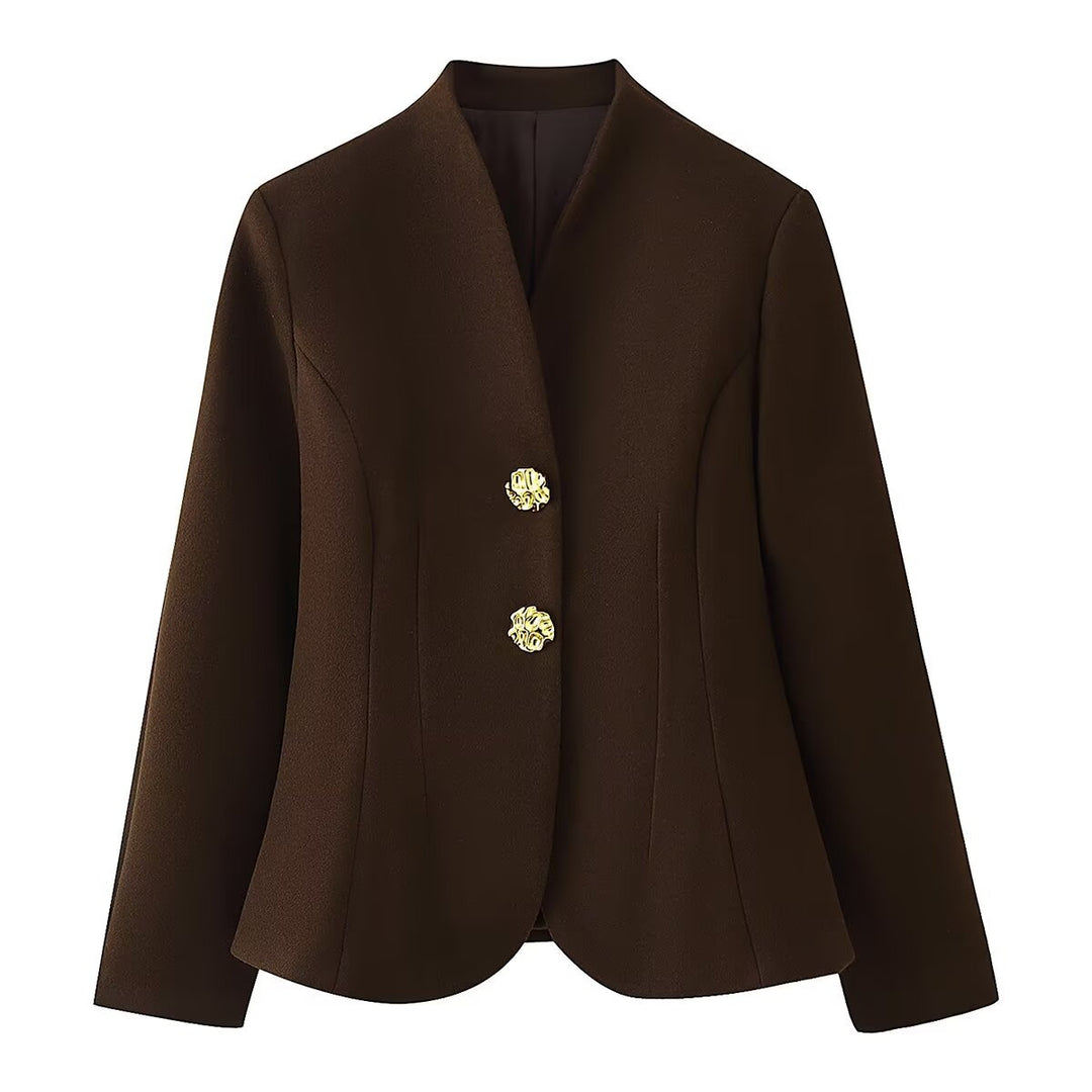 Women Tailored Blazer without Lapels with Golden Decorative Buttons Mune Fashion