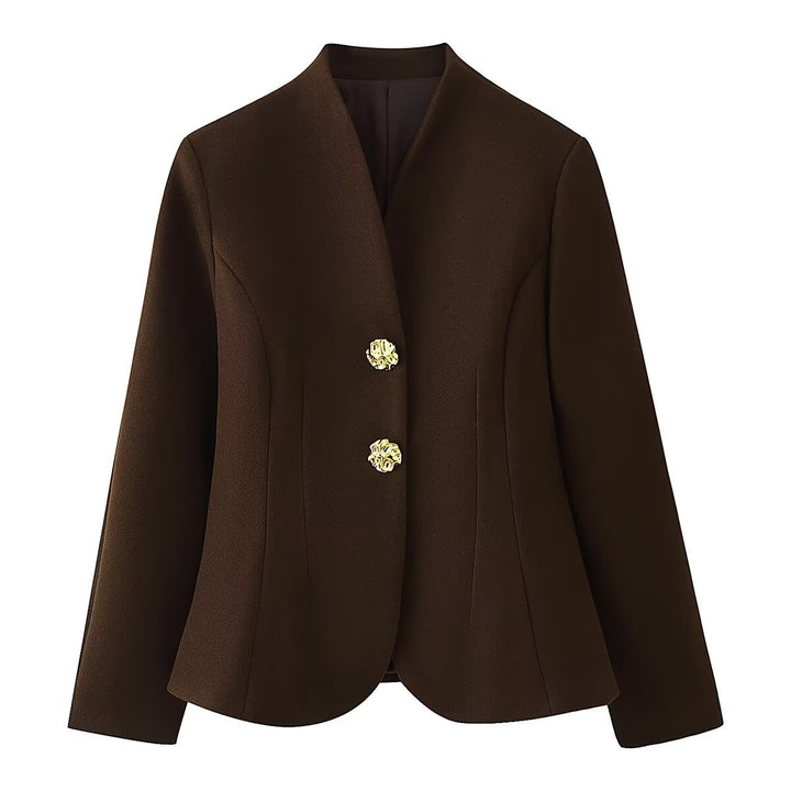 Women Tailored Blazer without Lapels with Golden Decorative Buttons Mune Fashion