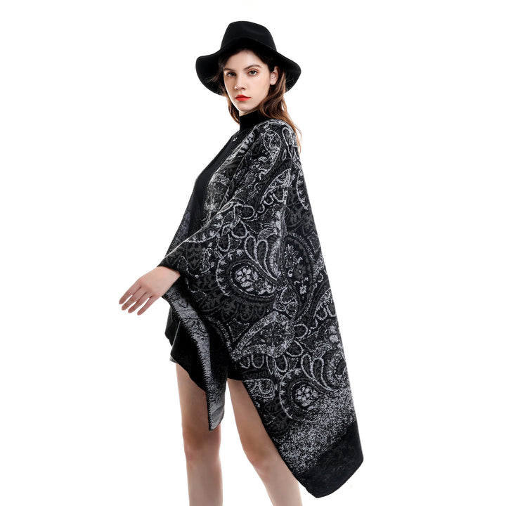 Women's Paisley-Jacquard-Cape Poncho made of wool blend with decorative chain stitch Mune Fashion