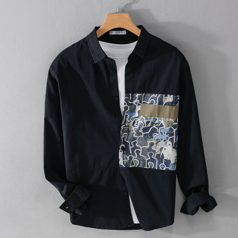 Men's cotton shirt with large art print chest patch and Kent collar Mune Fashion