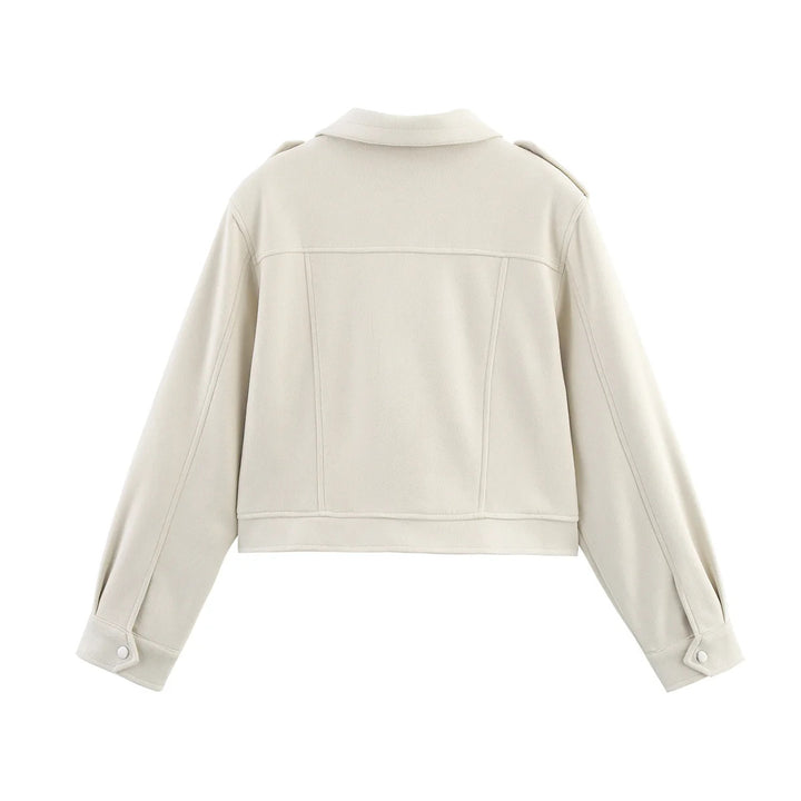 Women's cropped field blazer with shoulder epaulettes, large flap pockets, and central zipper Mune Fashion