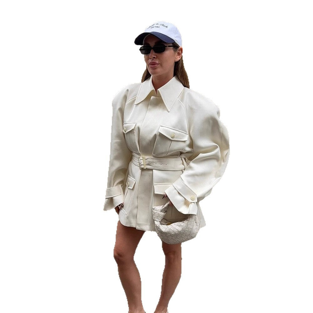 Women’s short blazer coat in safari/utility look with waist belt and patch pockets Mune Fashion