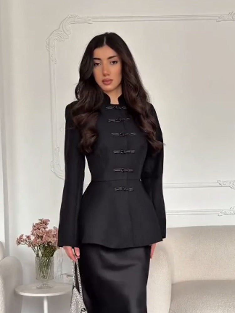Women's Tailored Peplum Jacket with Stand Collar and Decorative Toggle Fasteners Mune Fashion