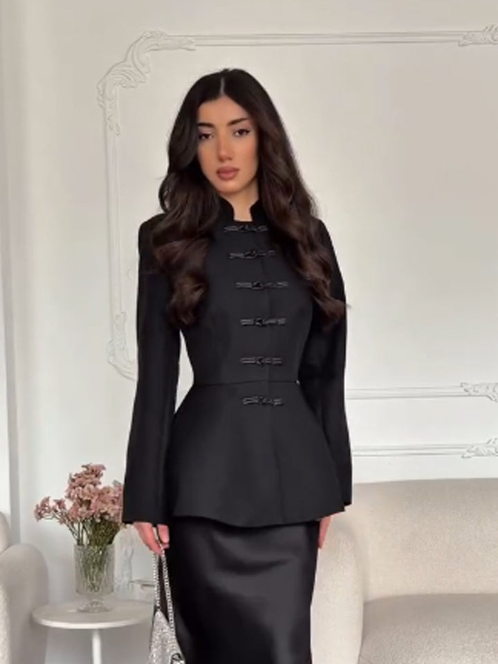 Women's Tailored Peplum Jacket with Stand Collar and Decorative Toggle Fasteners Mune Fashion