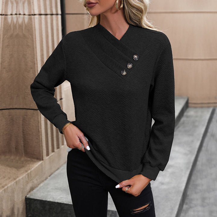 Women's Structured V-Neck Sweater with Diagonal Decorative Button Placket and Fitted Cut Mune Fashion