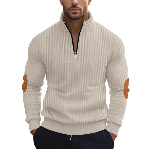 Men's structured cotton knit pullover with half zipper and elbow patches Mune Fashion