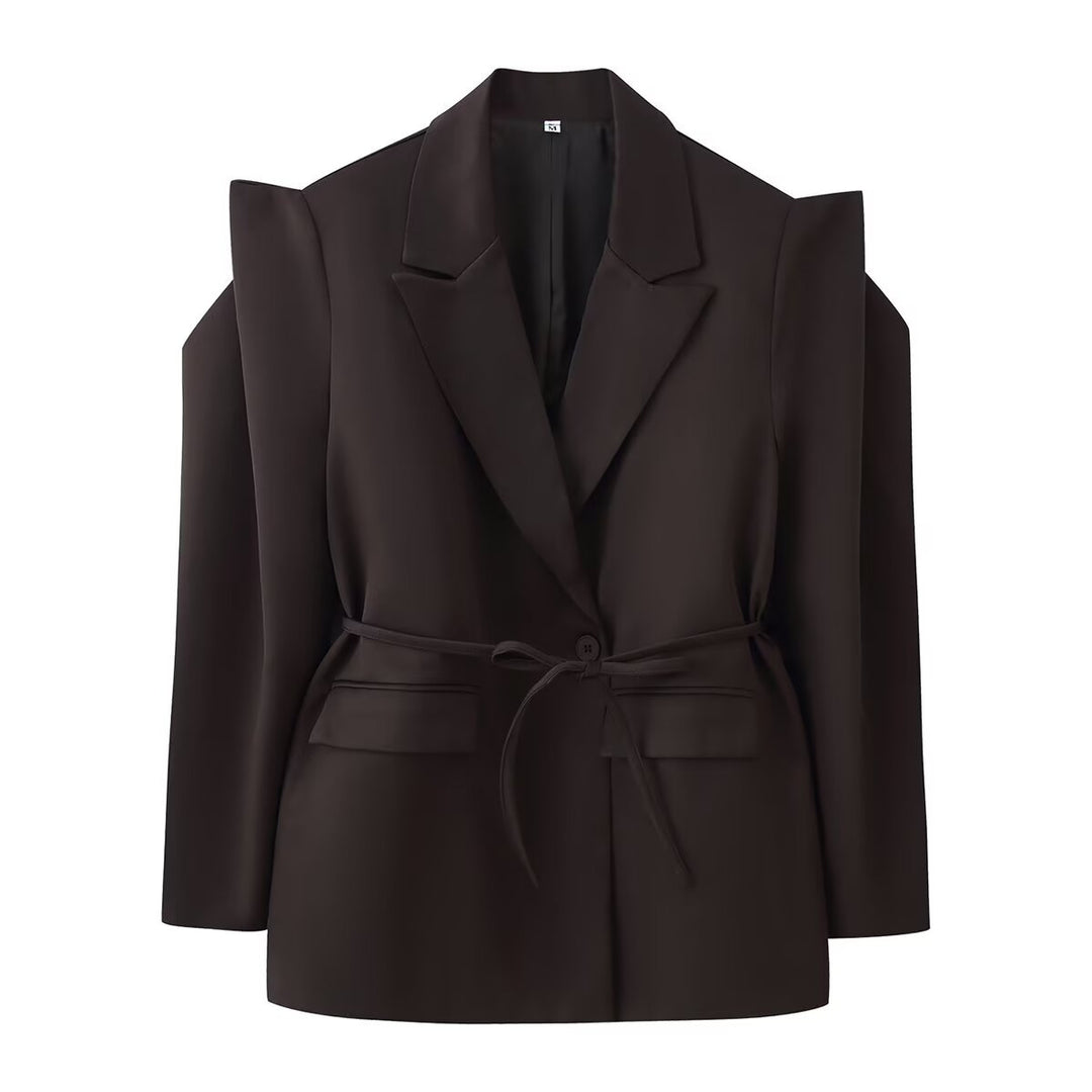 Women's blazer with shoulder cutouts, belted waist and single button closure Mune Fashion