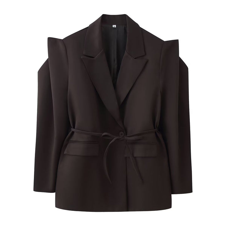 Women's blazer with shoulder cutouts, belted waist and single button closure Mune Fashion