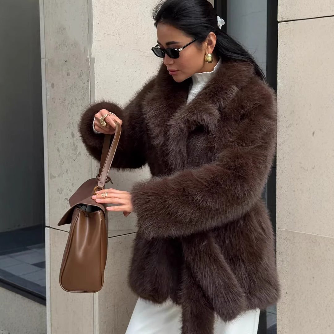 Women Boxy Short Coat made of extra fluffy high pile with wrap belt Mune Fashion