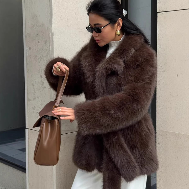 Women Boxy Short Coat made of extra fluffy high pile with wrap belt Mune Fashion