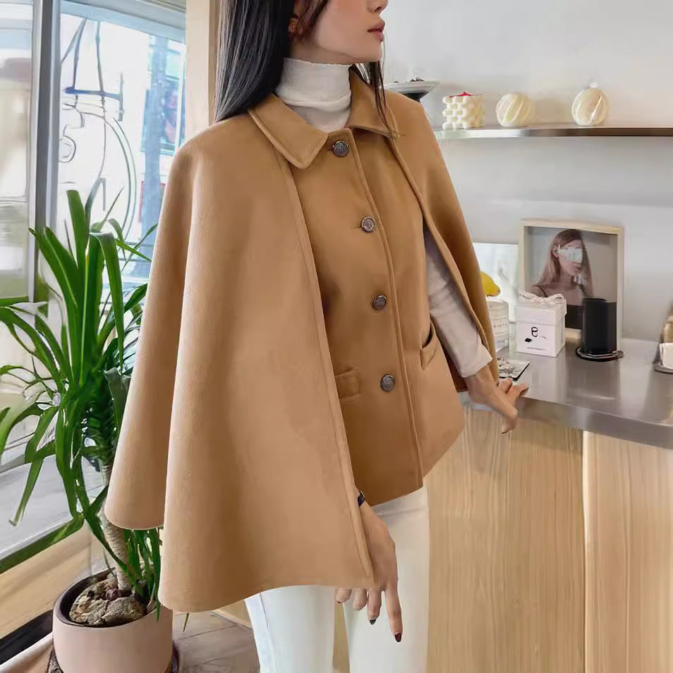 Women's Short Wool Blend Cape Coat with Shirt Collar and Patch Pockets Mune Fashion