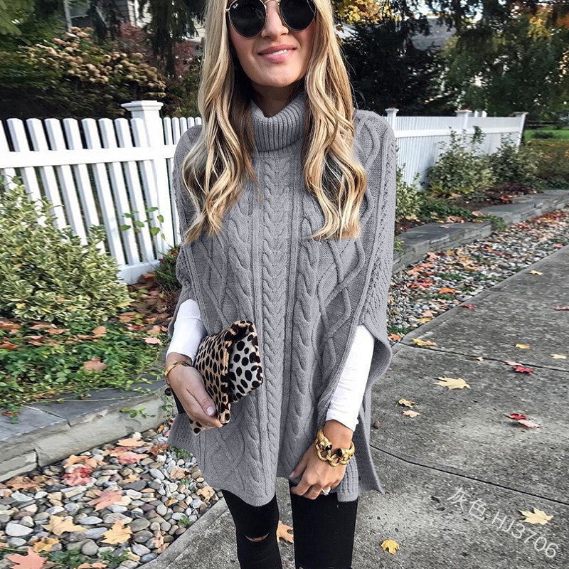 Women's Chunky Knit Poncho with High Collar and Cable Design Mune