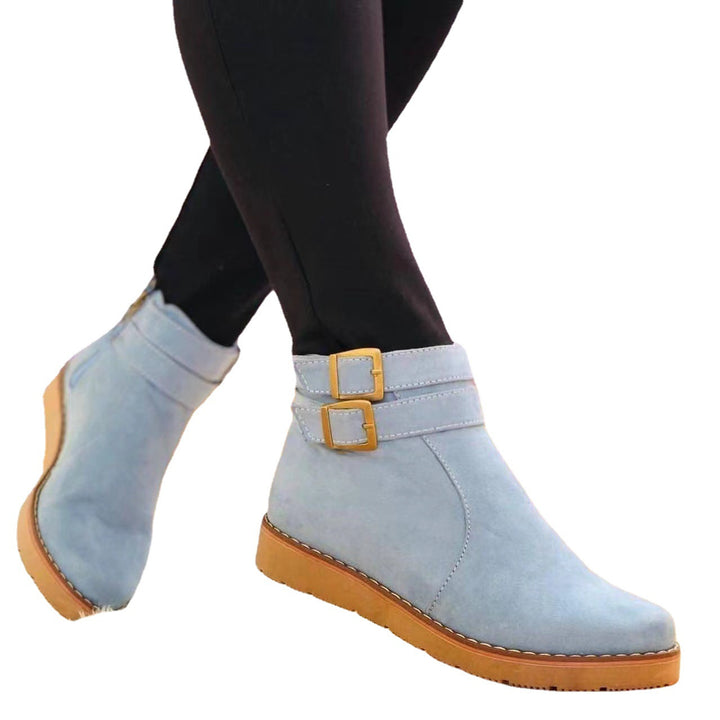 Women's faux suede ankle boot with double decorative buckle, side zipper, and slip-resistant profile sole Mune Fashion