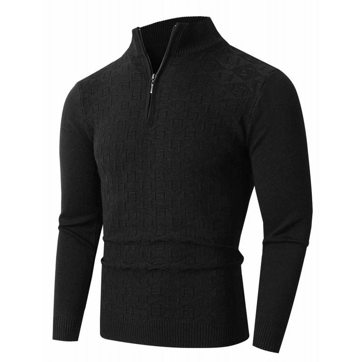 Men's Slim-Fit Fine Knit Half-Zip Sweater with Stand Collar and Geometric Relief Mune Fashion
