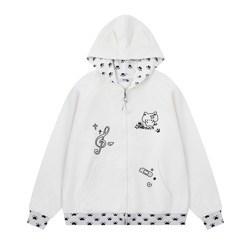 Women's hoodie with zipper in casual kawaii style, contrast hood, comic prints and ribbed cuffs Mune Fashion