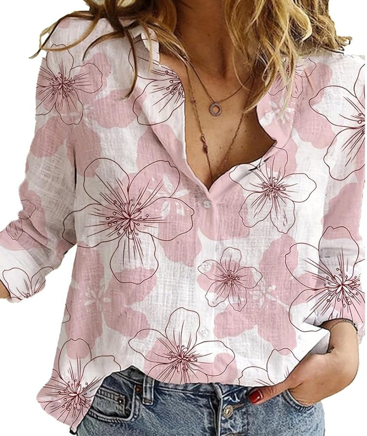 Women's loose linen blouse with star print V-neck buttoned front Mune Fashion
