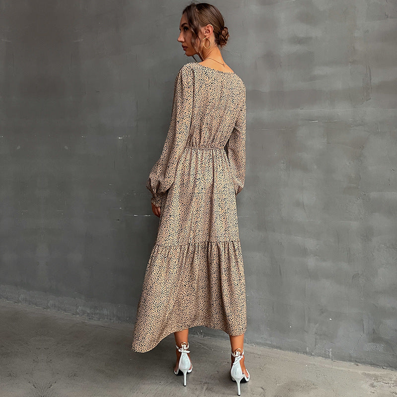 Women's Long Tiered Maxi Dress with Elastic Waist Gathering and Fine Polka Dot Print Mune Fashion