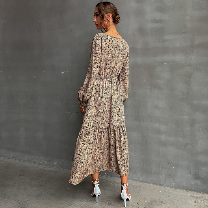 Women's Long Tiered Maxi Dress with Elastic Waist Gathering and Fine Polka Dot Print Mune Fashion