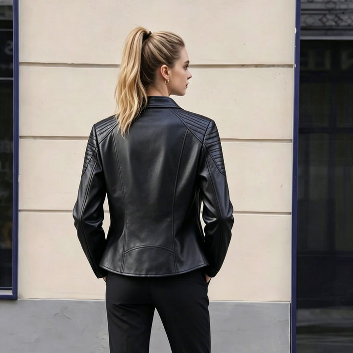 Women's Tailored Faux Leather Biker Jacket with Stand Collar and Quilted Details Mune Fashion
