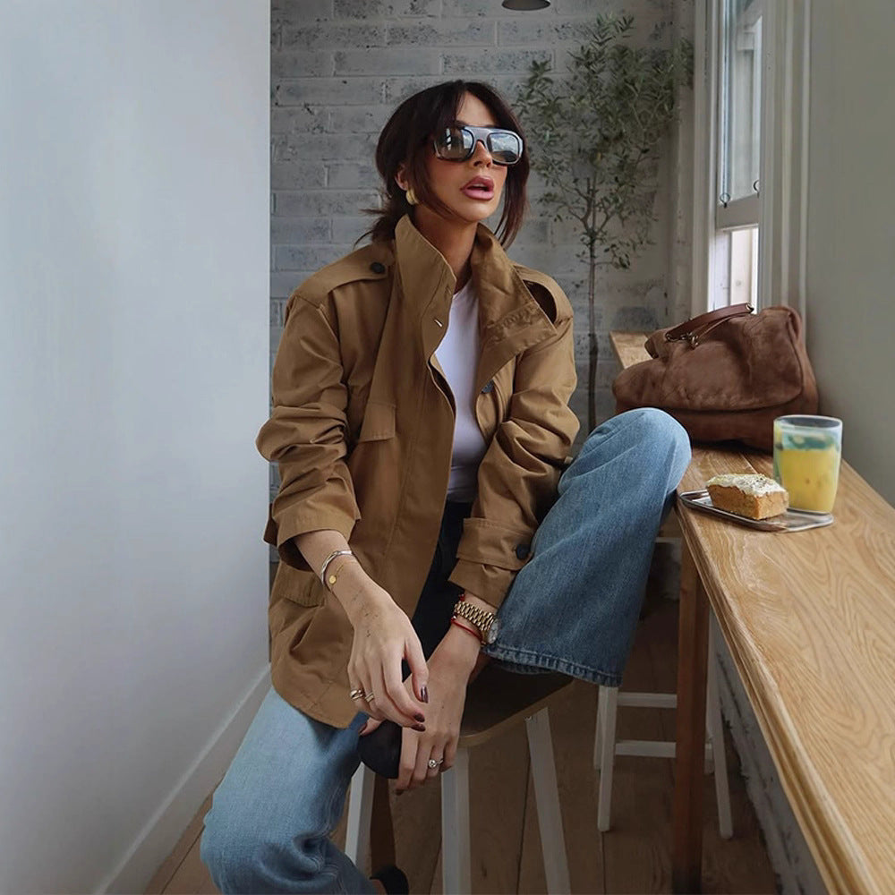 Ladies Lightweight Cotton Field Coat with Stand-up Collar, Shoulder Straps & Applied Flap Pockets Mune Fashion