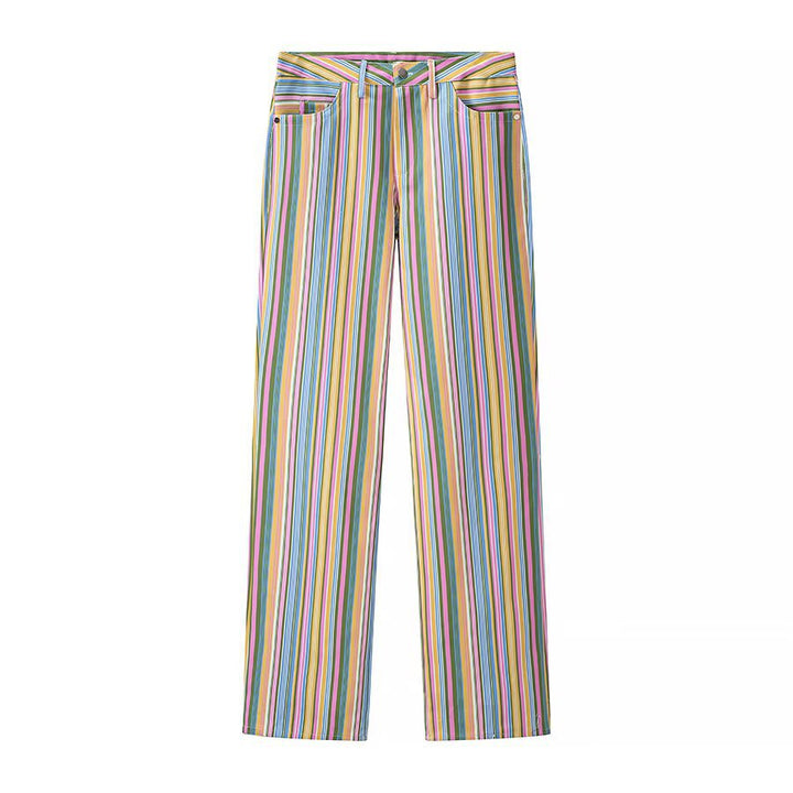 Women's Striped High-Waist Straight Pants with Straight Leg, High Waist, and Five-Pocket Details Mune Fashion