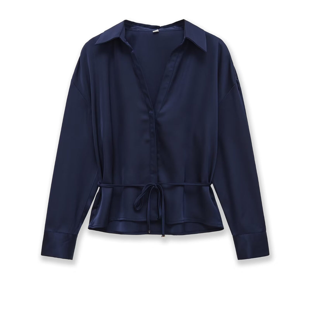 Women's Silk Blouse Shirt with Tie Belt and Peplum Mune Fashion