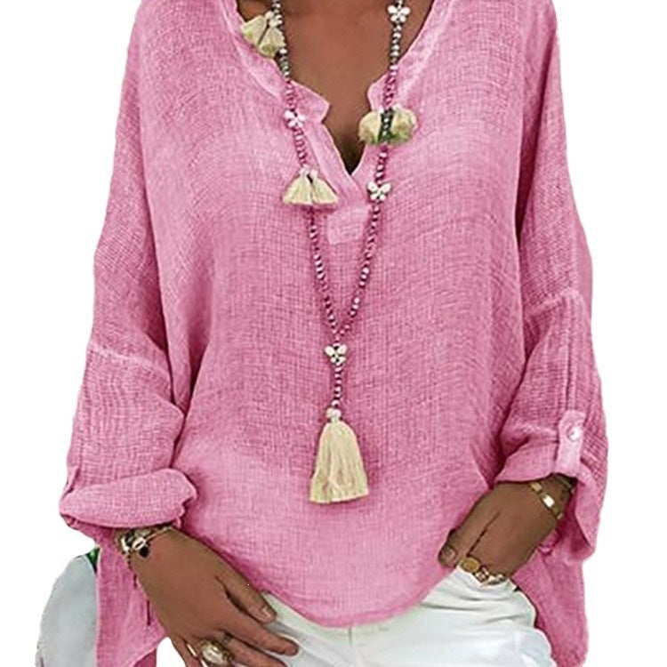 Ladies' nano structured cotton tunic in a loose fit with V-neck, rolled sleeves, and extended back hem Mune Fashion
