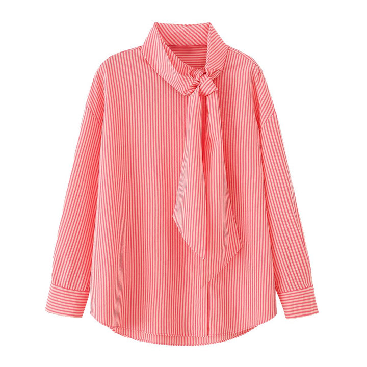 Women Striped Pullover Blouse with Bow Collar and Wide Cuffs Mune Fashion
