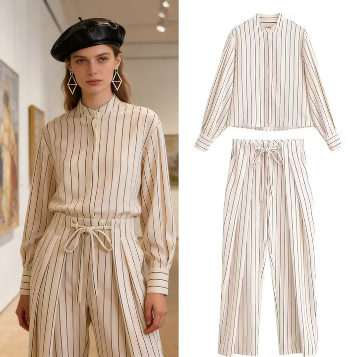 Women's High-waisted Wide Pleated Pants with Drawstring and Vertical Stripes Mune Fashion