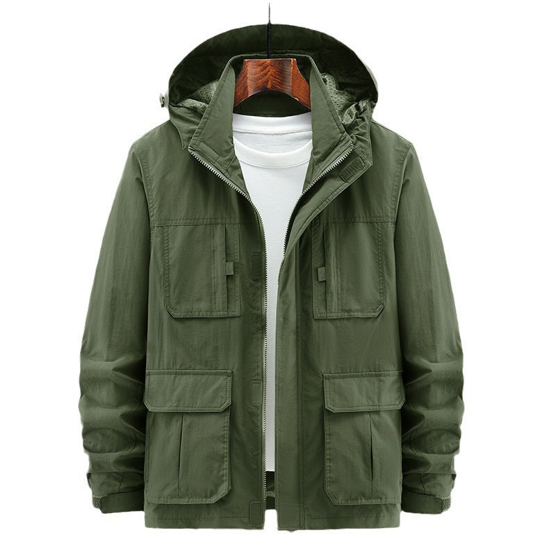 Men's Lightweight Outdoor Field Jacket with Hood, four patch pockets and concealed zipper Mune Fashion