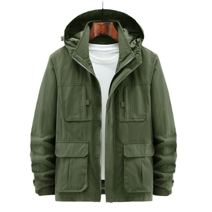 Men's Lightweight Outdoor Field Jacket with Hood, four patch pockets and concealed zipper Mune Fashion