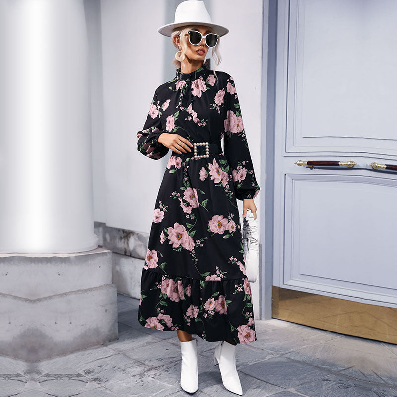Women's maxi dress with stand-up collar, floral print, waistband and ruffle tier Mune Fashion