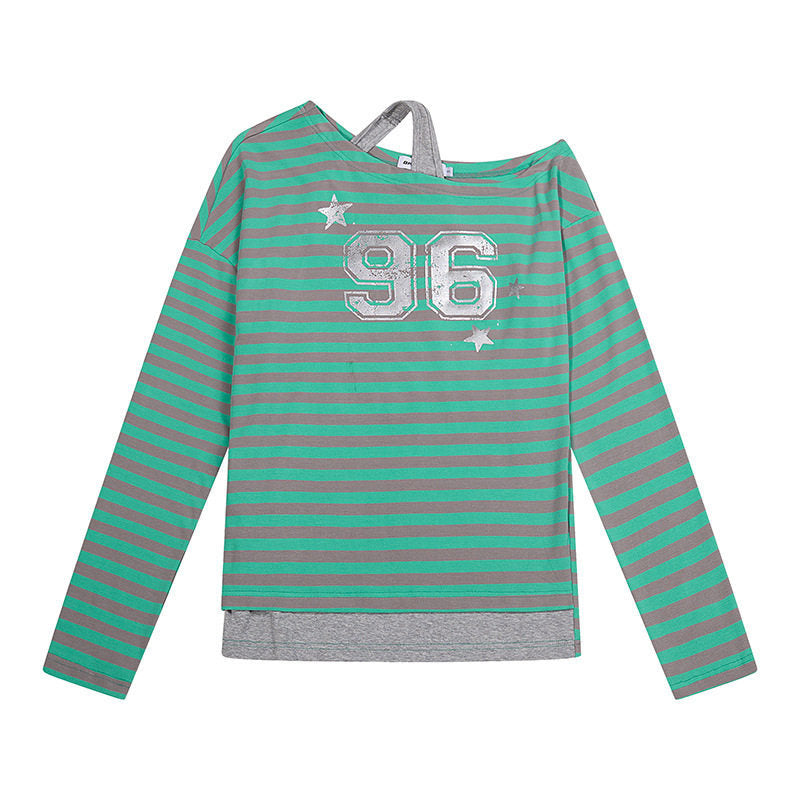 Women's Striped Long Sleeve Shirt with Asymmetrical Neckline, Layered Look and Metallic Print