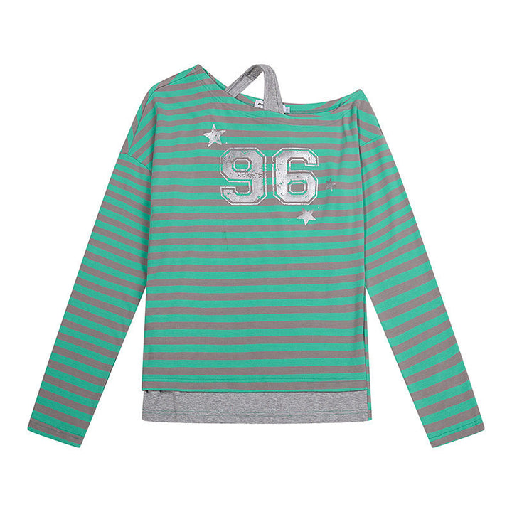Women's Striped Long Sleeve Shirt with Asymmetrical Neckline, Layered Look and Metallic Print