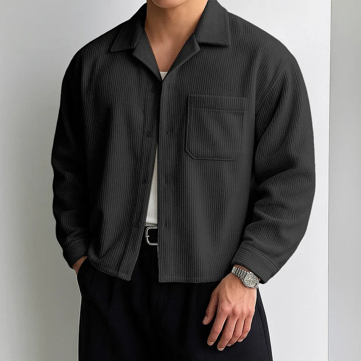 Men's ribbed long sleeve shirt with lapel collar, chest pocket, and relaxed fit Mune Fashion