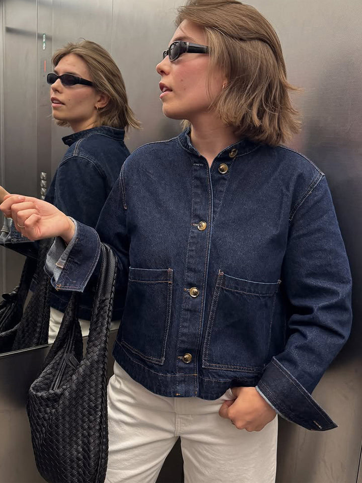 Women's Boxy Denim Jacket with Stand-up Collar, Patch Pockets and Roll-up Cuffs Mune Fashion