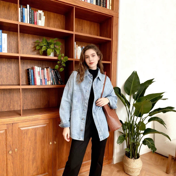 Women's oversized denim shirt with patch chest pockets, lightweight cotton denim, and rounded hem Mune Fashion