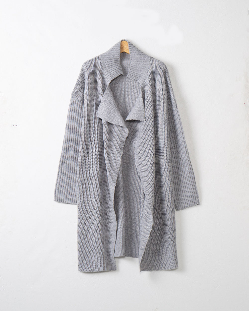 Women's longer open ribbed knit cardigan with wide shawl collar Mune Fashion