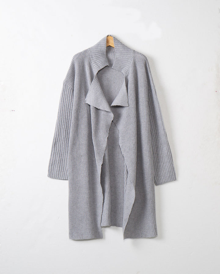 Women's longer open ribbed knit cardigan with wide shawl collar Mune Fashion